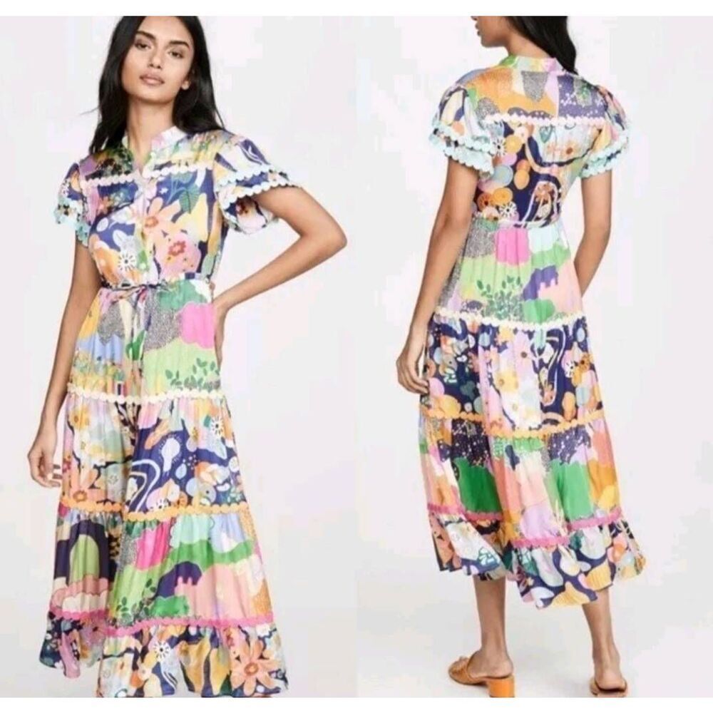 Celia B  Peranakan Maxi Dress Sequin Embroidered Boho Short Sleeves sz Small